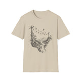 Surreal Music Shirt, Birds on a Wire Melody Illusion Art Tee, Musician Gift, Piano Guitar Tee