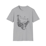 Surreal Music Shirt, Birds on a Wire Melody Illusion Art Tee, Musician Gift, Piano Guitar Tee