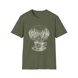Surreal Coffee Shirt, Coffee Steam Town Illusion Art Tee, Coffee Lover Gift, Vintage Engraving Tee